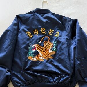 Vintage blue Satin Jacket with Tiger Embroidery